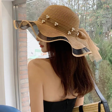 帽子女New Korean Style Woman Straw Gauze Joint Bow Ribbon Large Brim Sunshade Ins Celebrity Outing Fashion Beach Holiday Glacier Hat