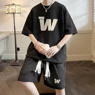 男士套装Men's Summer Casual Fashion Short Sleeve T-Shirt Shorts Two-Piece Loose-Fit Printed Sports Suit