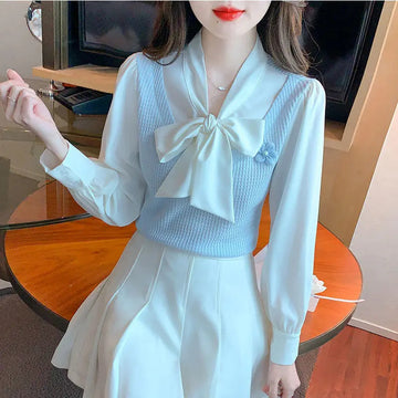 商务装女French Bow Fake Two Piece Chiffon Shirt for Women New Style Small Stature Sweet Temperament Slimming Top