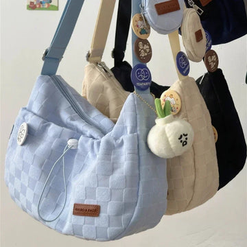 包包Xiuya Harajuku Style College Crossbody Bag Solid Color Plaid Print Large Capacity Shoulder Bag New Cute Fashion Designer Handbag