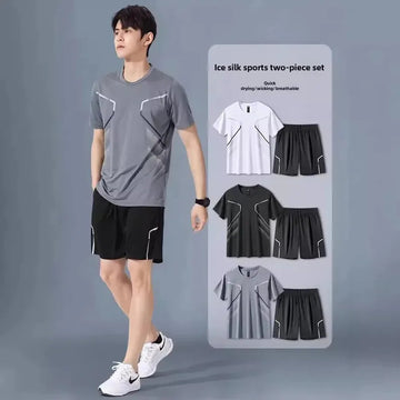 男士套装Men's Sports T-Shirt Short Sleeves Summer Ice Silk Quick Drying Thin Fitness Clothes Basketball Training Top Running Suit