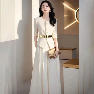 商务装女Spring Autumn New Office Lady Professional Suit O-neck Short Coat High Waist Wide Leg Pants Women's Solid Color Two Piece Set