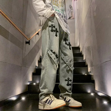 休闲裤男American Style Straight-Leg Loose-Fit Jeans Hip Hop Trendy Brand Cross-Stitch Patchwork Denim Pants For Men And Women