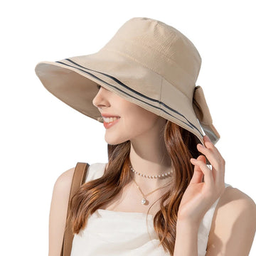 帽子女Women Summer Folding Bucket Hat for Beach Holiday Lady Spring Striped Bowler for Outdoor Sunscreen Elegant Sun Protection Cap