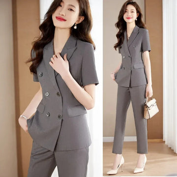 商务装女Grey Short Sleeve Suits Women's Summer Thin Style 2023 New Petite Professional Western-Style Clothes (Jacket) Formal Summer