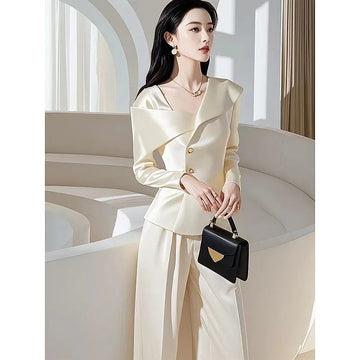 商务装女New High End Fashion Design Two Piece Sets Women satin Irregular Lapel Long Sleeve Shirt Tops + Wide Leg Pants Elegant Suit OL