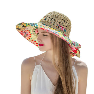 帽子女Women Spring Summer Wide Brim Folding Straw Hat for Beach Holiday Lady Bohemian Style Flower Sun Protection Cap with Bow Tie New