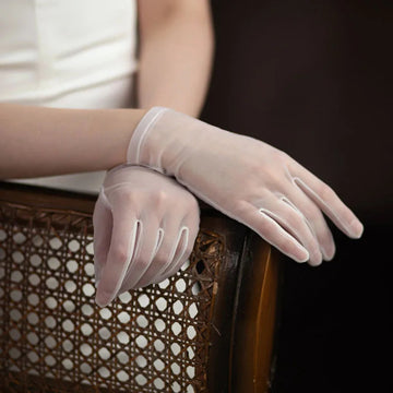防晒手套女Korean Simple Short White Transparent Mesh Flower Pearl Wedding Dresses Gloves For Bride Evening Parties etiquette Accessories