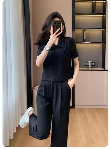 商务装女2024 Summer Women Two Piece Set Office Simple Solid Elegant Lapel Short Sleeve Blazer Top And High Waist Wide Legs Pant Suit New