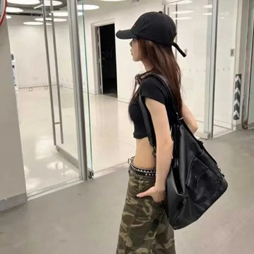 包包Black Vintage Women Shoulder Bag Plain Luxury Motorcycle Messenger Bags Designer Large Capacity Multi-functional Backpacks
