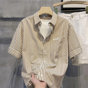衬衫男Elegant Fashion Harajuku Slim Fit Ropa Hombre Loose Casual Sport All Match Tops Square Neck Button Pockets Short Sleeve Blusa