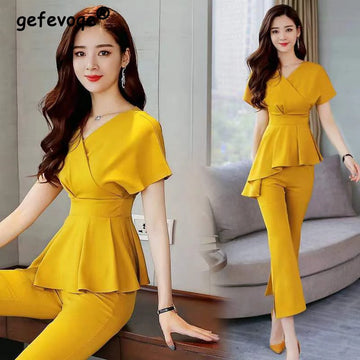 商务装女Casual Elegant Fashion Solid Folds Pant Sets Summer 2024 V-Neck Short Sleeve Top Elastic Waist Full Length Pants Slim Women Sets