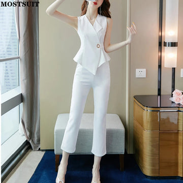 商务装女2022 Summer Office Two Piece Suit Set Women Sleeveless Blouse + Pants Suits Workwear Fashion Elegant Ladies Matching Set