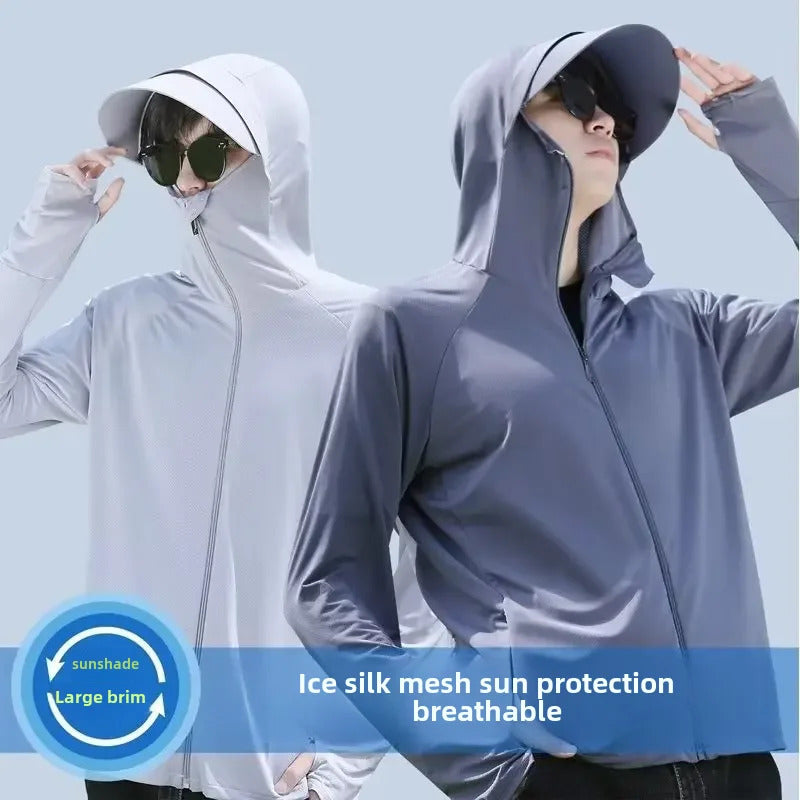 防晒衣男Men's Breathable Ice Silk Sun Protection Clothes 2024 New Summer Thin Fishing Hooded Jacket Uv Protection Casual Style