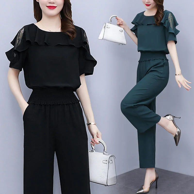 商务装女Women's 2022 New Summer Girdle Lace Openwork Off-the-shoulder Short Sleeve Tops Wide Leg Pants Two Piece Set For Women Clothing