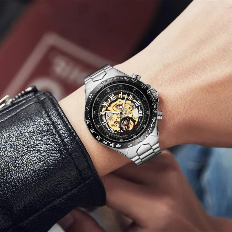 手表男手表男Elegant Business Style Men's Mechanical Wristwatch Wholesale New Model Waterproof Hollow Dial Steel Strap Automatic Timepiece