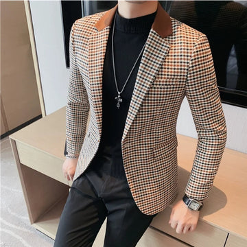 商务装男2024 Autumn Winter Korean  Houndstooth Blazer Jackets Fashion Color Matching Lapel Design Casual Men's Plaid Suit Coat Tuxedo