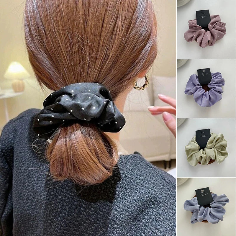 发饰Elegant Large Intestine Hair Rope Hair Accessories Rhinestone Satin Hair Bands Elastic Hair Tie Shiny Starry Dots Hair Scrunchie