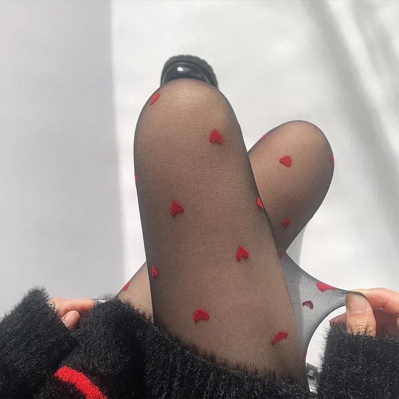 丝袜Pantyhose Woman Ultra thin Red Heart-shaped Dots Sexy Stockings Breathable Comfortable Long Black Stockings for Women