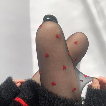 丝袜Pantyhose Woman Ultra thin Red Heart-shaped Dots Sexy Stockings Breathable Comfortable Long Black Stockings for Women