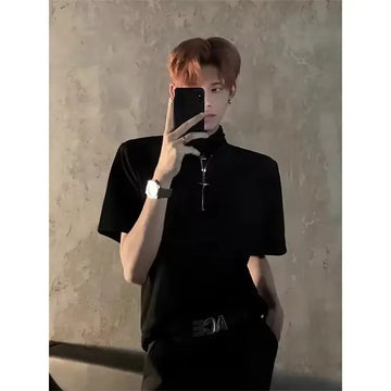 POLO男Korean-Style Stand Collar Metal Half-Zipper Polo Shirt For Men Niche Design Sensibility Destructed Loose-Fit Shoulder Pads Short