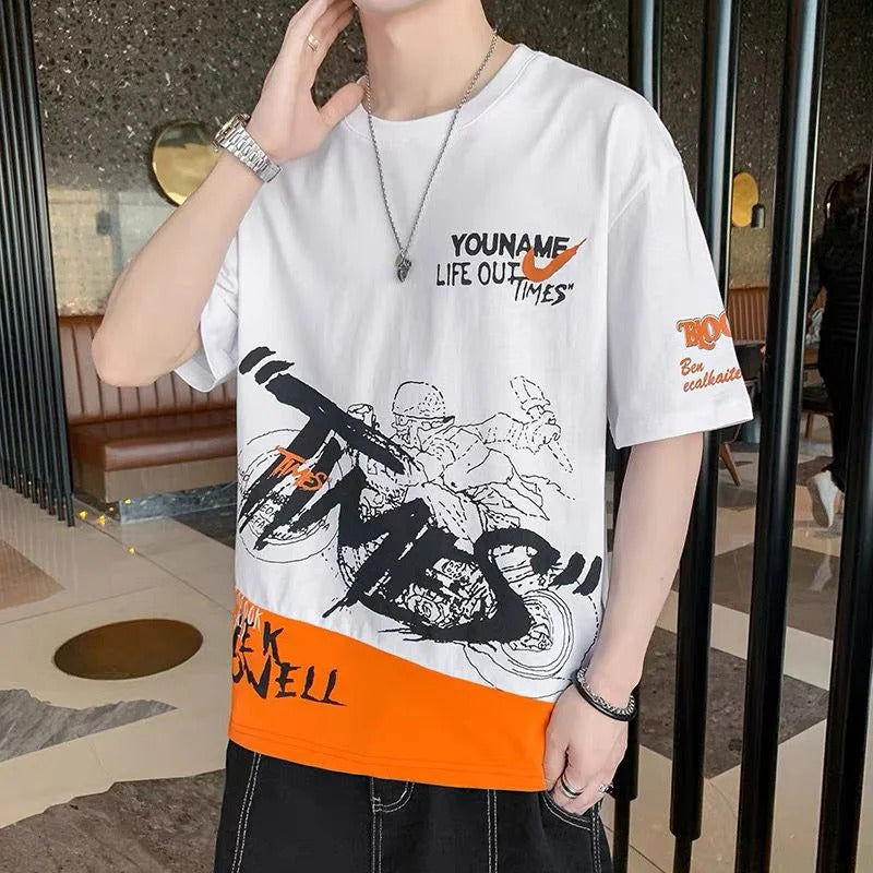T恤男Loose Summer Men T-shirt Casual Base Half Sleeve Top Fashion Trendy Korean Style Polyester Fabric