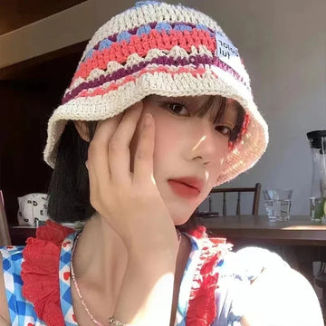 帽子女Japanese Contrasting Color Knitted Bucket Hat Women Sweet Cute Niche Spring Summer Crocket Beach Sun Bucket Hat