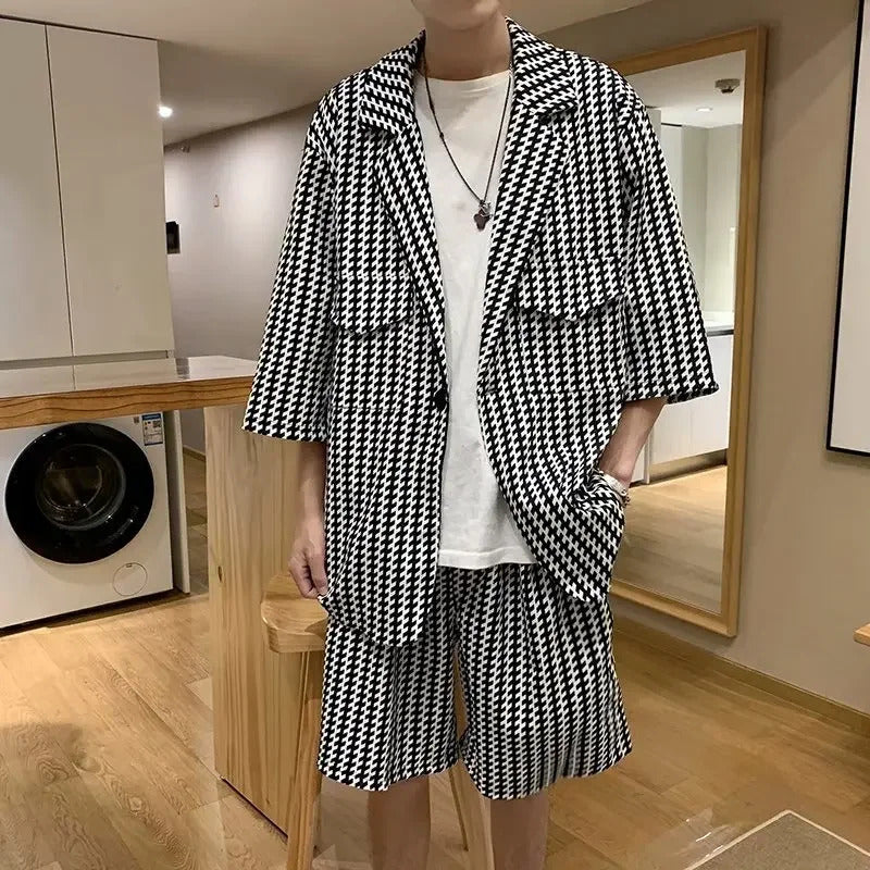 男士套装High-end Feeling Men's Western-style Suit Summer Outfit 2-piece Set Fashionable Bird's Eye Pattern Street Style By Niche Design