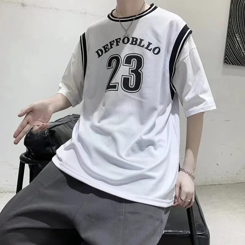 T恤男Men's Basketball Sports Shirt Loose Fit 2022 Summer Two-Piece Illusion Splicing Student Versatile Trendy Short Sleeve T-Shirt