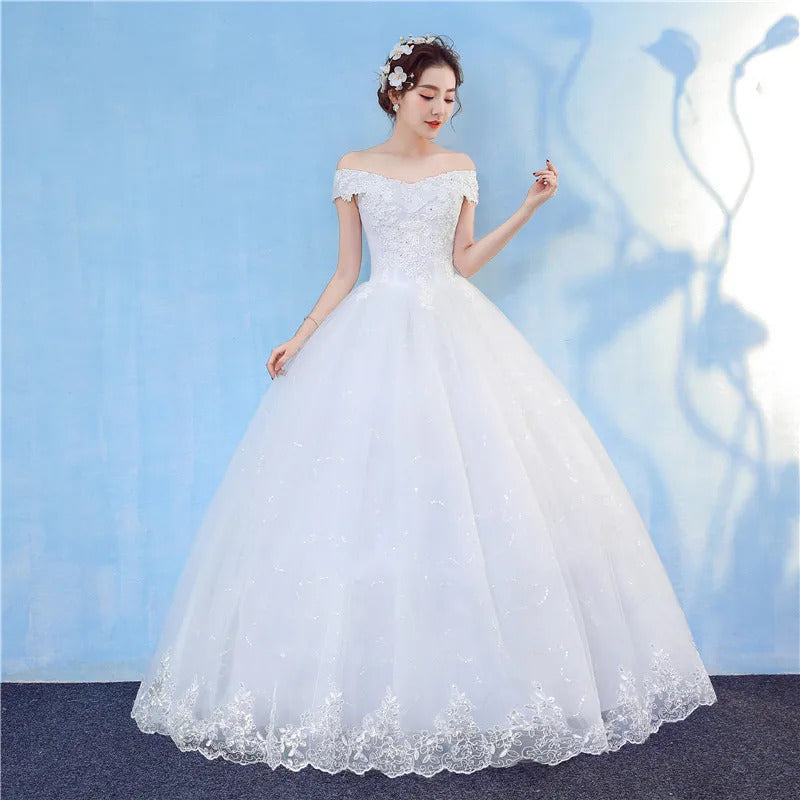 礼服女Fashion Elegant Lace Vintage White Wedding Dresses Boat Neck Off The Shoulder Plus Size Ball Gown Robe de Cheap With Appliques
