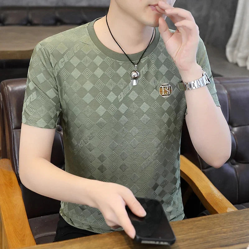 T恤男Men's Ice Silk Short Sleeve T-Shirt Breathable Fashionable Thin Half Sleeve Top Versatile Trendy Men's Wear