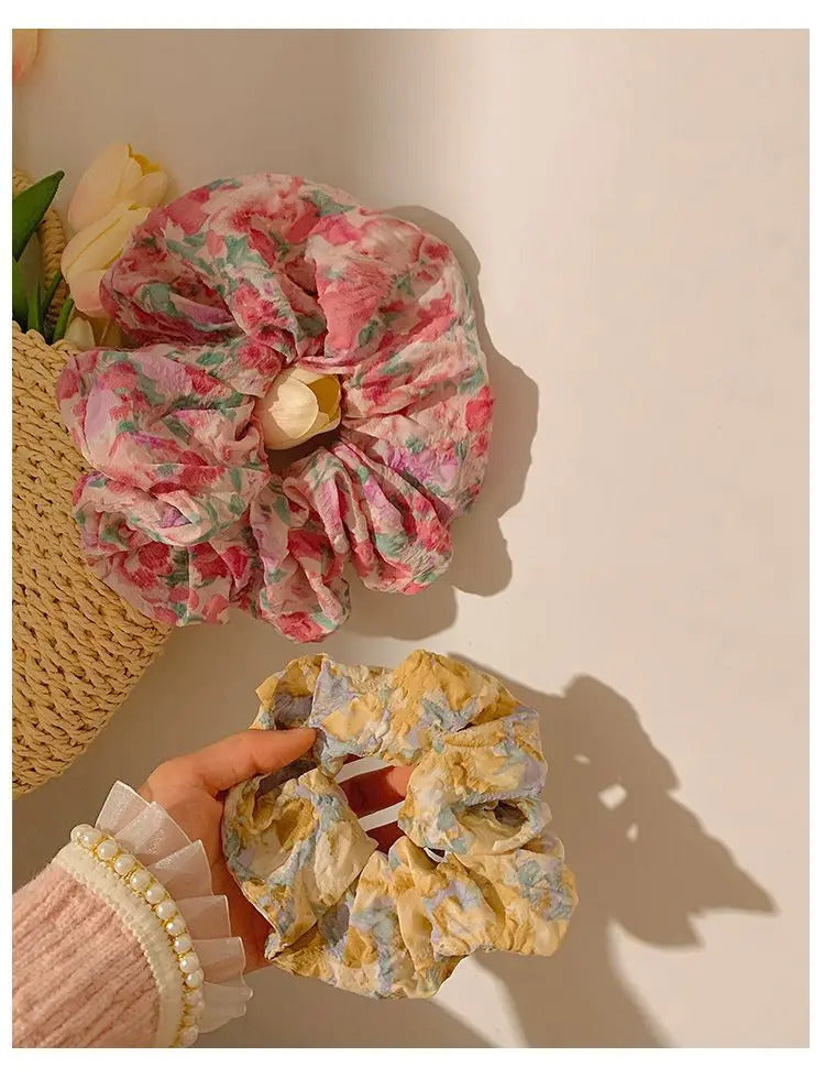 发饰Fashion French Floral Print Sweet French Large Intestine Circle Ponytail Hair Circle Bb Clip Hair Accessory Head Bands for Women
