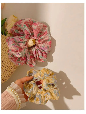 发饰Fashion French Floral Print Sweet French Large Intestine Circle Ponytail Hair Circle Bb Clip Hair Accessory Head Bands for Women