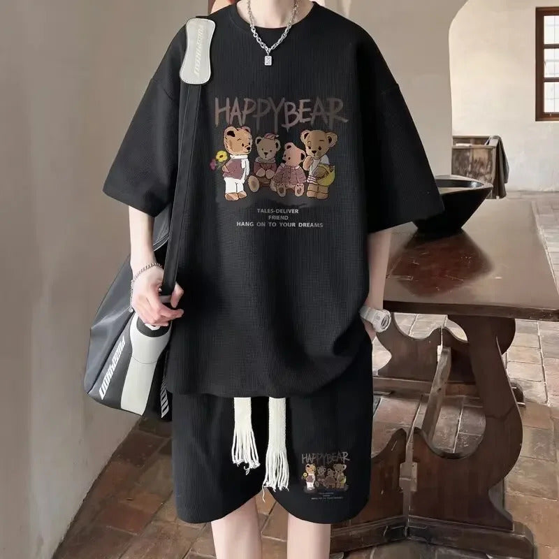 男士套装Casual Sporty Bear Printing Men's Summer Suit Trendy Youth Loose-Fit Short Sleeve Shorts 2-Piece Set From China Mainland