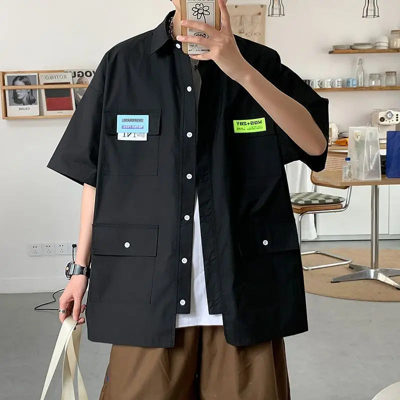 衬衫男Elegant Fashion Harajuku Slim Fit Ropa Hombre Loose Casual Sport All Match Outerwear Square Neck Solid Button Pockets Shirt