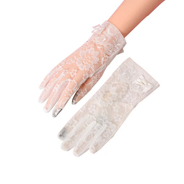 防晒手套女Sexy Summer Women UV Sunscreen Short Sun Screen Pearl Flowers Bow Gloves Thin Ice Silk Lace Touch Screen Lady Driving Gloves J55