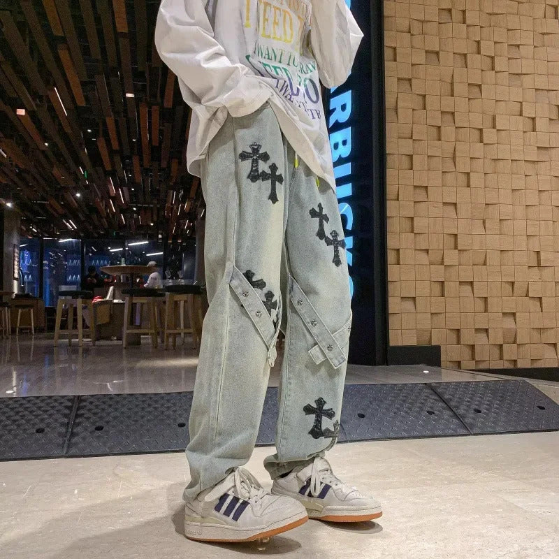 休闲裤男American Style Straight-Leg Loose-Fit Jeans Hip Hop Trendy Brand Cross-Stitch Patchwork Denim Pants For Men And Women