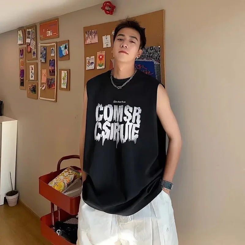 男士背心Versatile American Style High Street Sleeveless T-Shirt Loose Fit Plus Size Vest Men's Summer Solid Color Sport Shoulder Top