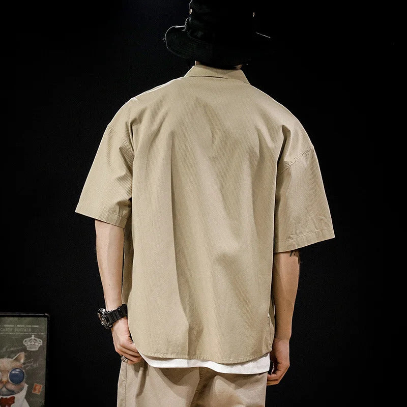 衬衫男2025 Vintage Short Sleeve Social Shirt Men's Loose Casual Cardigan Cargo Shirt Summer Fashion Preppy Streetwear Plain Blouses