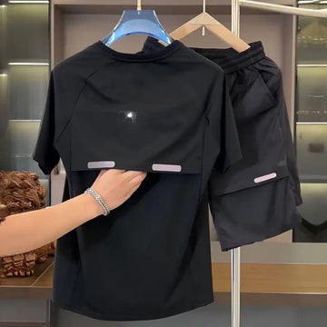 男士套装Summer New Men's Fashion Breathable Mesh Hole Shorts 2-piece Set High Elasticity Short Sleeves T-shirt Sports Casual Suit