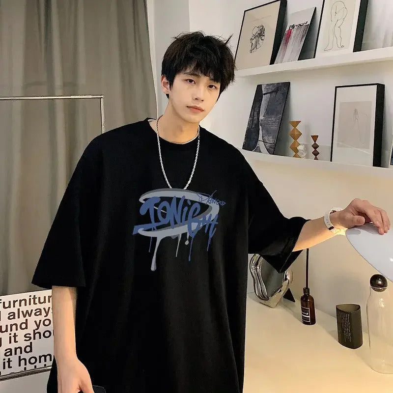 T恤男Trendy Graffiti Printing T-Shirt Loose Fit Hong Kong Style Short Sleeves Couple Pure Cotton 33T02 Old Explosion Model New Model