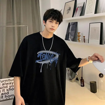 T恤男Trendy Graffiti Printing T-Shirt Loose Fit Hong Kong Style Short Sleeves Couple Pure Cotton 33T02 Old Explosion Model New Model