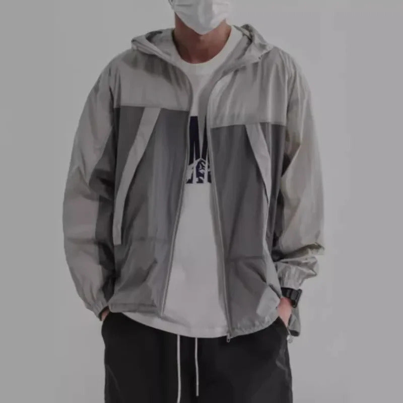防晒衣男Summer New Men's Lightweight Jacket Top Sunscreen Outdoor Windbreaker Sport Solid Color Hooded Versatile Casual Use Loose Fit
