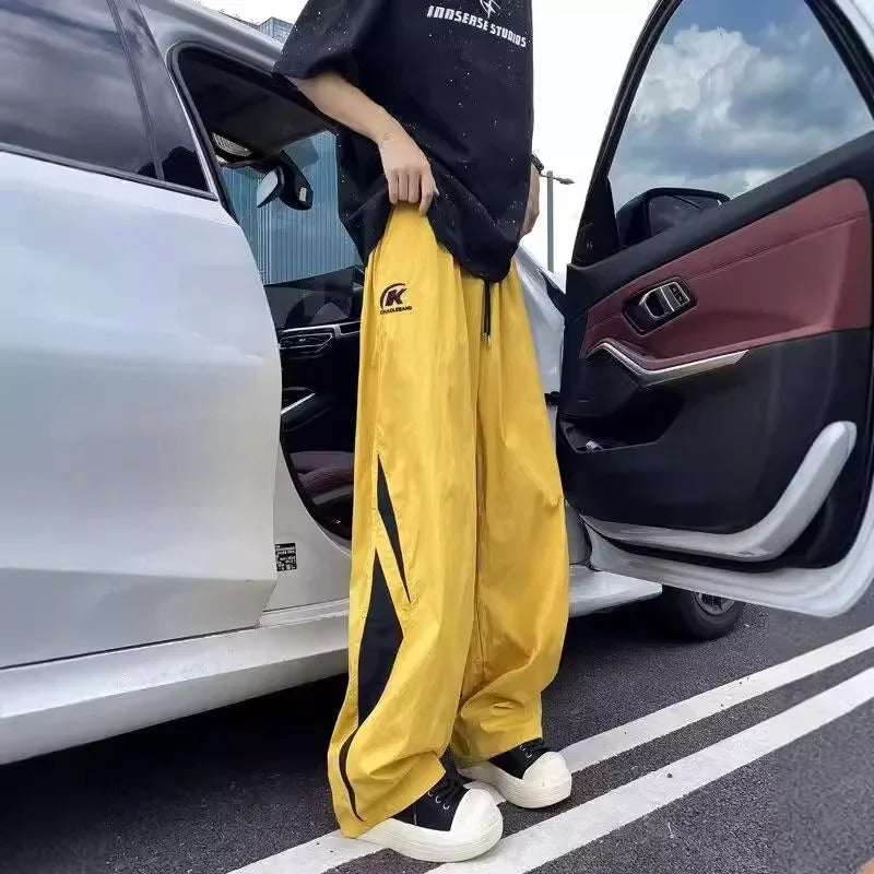 休闲裤男American Style Multi-pore Yellow Straight-leg Pants Men Autumn 2024 New Fast-dry Parachute Pants Loose Fit Bell Bottoms Casual
