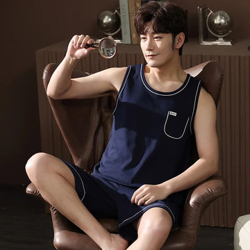 睡衣男L-4XL Mens Modal Cool Pajamas Set Summer Round Collar Shorts Modal Nightwear Fashion Gentleman Pijamas Elegant Sleepwear