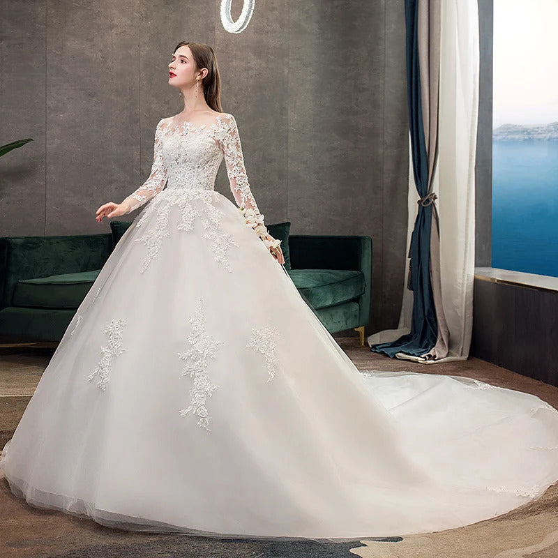 礼服女Y&m Elegant Beautiful Long Sleeve Plue Size Wedding Dress New Style Embroidery Sexy Backless Bride Gown Vestido De Noiva Simple