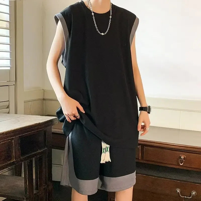 男士套装Trendy Ice Silk Vest Top Casual Sports Fitness Basketball Suit For Men Short Sleeve Summer Style Shoulder Vest