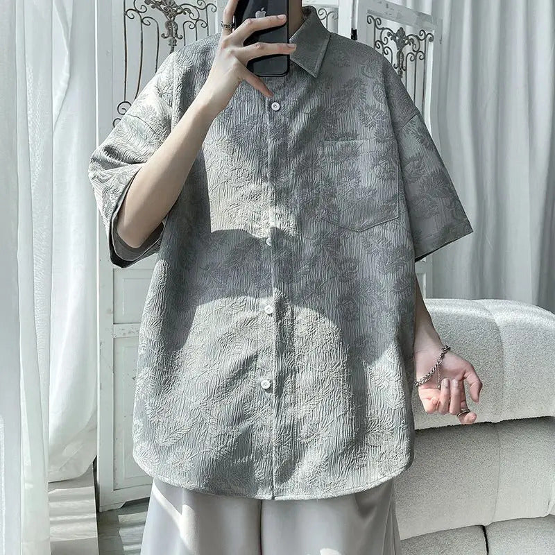 衬衫男Elegant Fashion Harajuku Slim Fit Ropa Hombre Loose Casual All Match Outerwear Button Pockets Pointed Collar Middle Sleeve Shirt