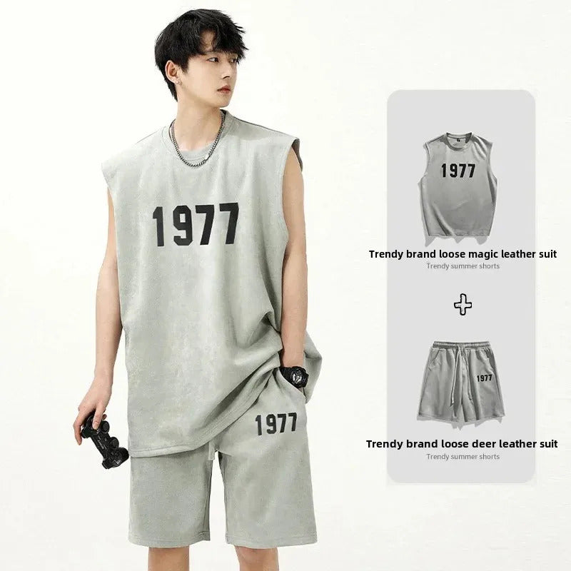 男士套装Fashionable Letter Printed Chamois Leather Vest2-Piece Set Summer Men's Sleeveless T-Shirt Straight-Leg Shorts Suit