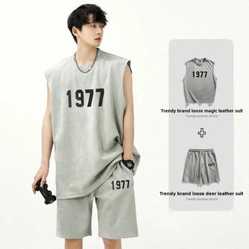 男士套装Fashionable Letter Printed Chamois Leather Vest2-Piece Set Summer Men's Sleeveless T-Shirt Straight-Leg Shorts Suit